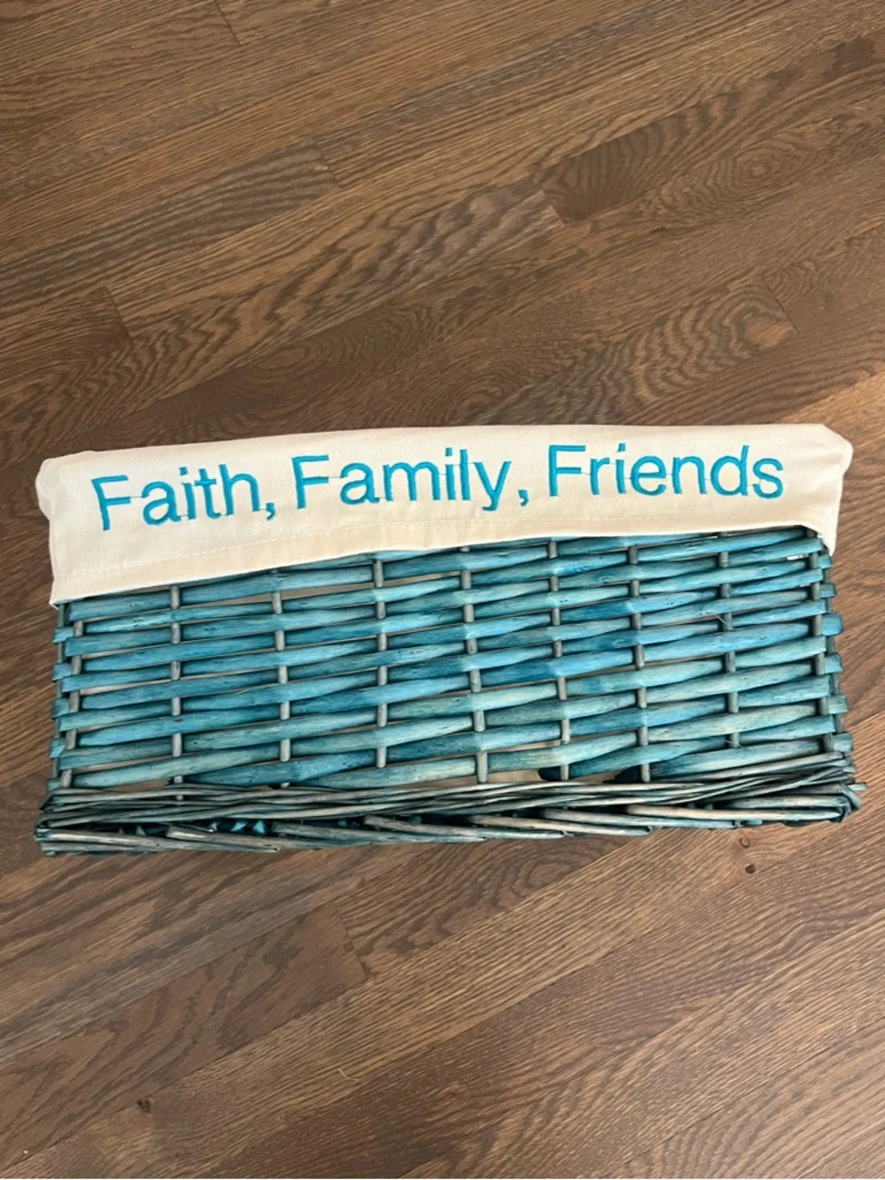 Wicker Basket with Fabric Liner - “Faith, Family, Friends”